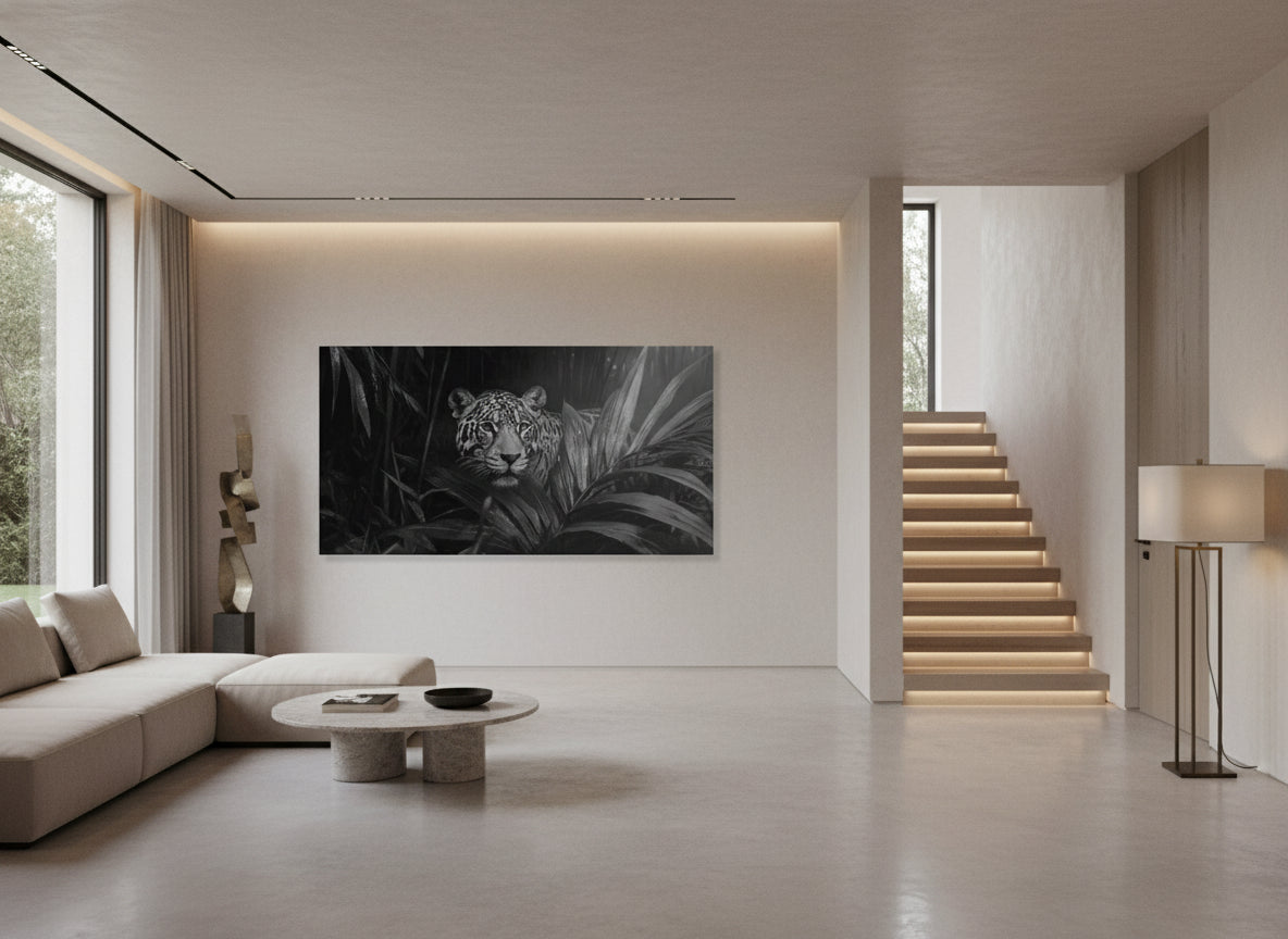 Modern living room with a large wall-mounted large fine art print of a jaguar, a staircase, and minimal decor.