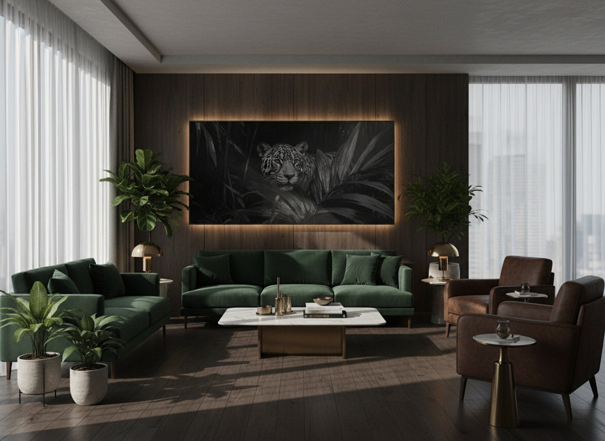 Modern living room with green sofas, a coffee table, and a large fine art print of a jaguar