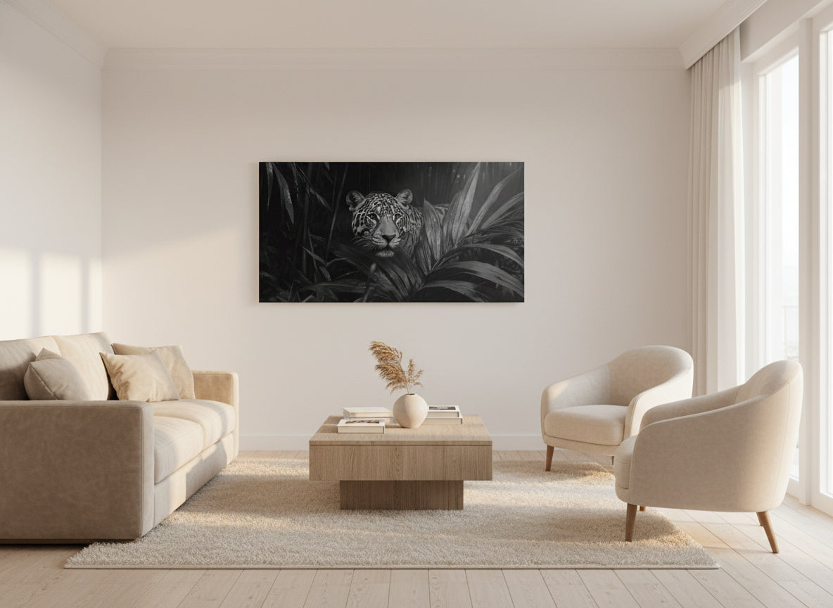 Modern living room with a large fine art print of a jaguar surrounded by beige furniture.