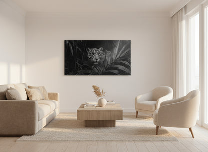 Modern living room with a large fine art print of a jaguar surrounded by beige furniture.