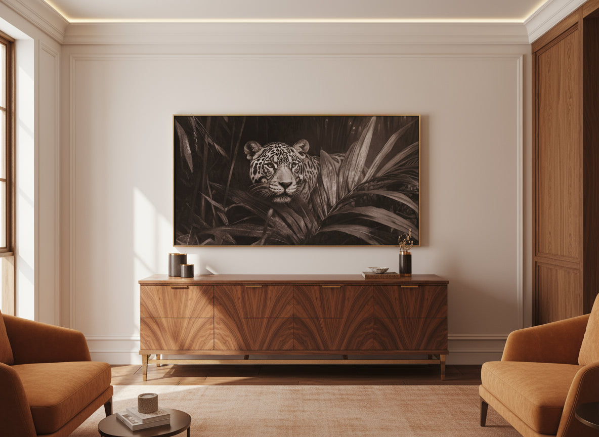 Modern living room with a wooden cabinet and a painting of large fine art print of a jaguar
