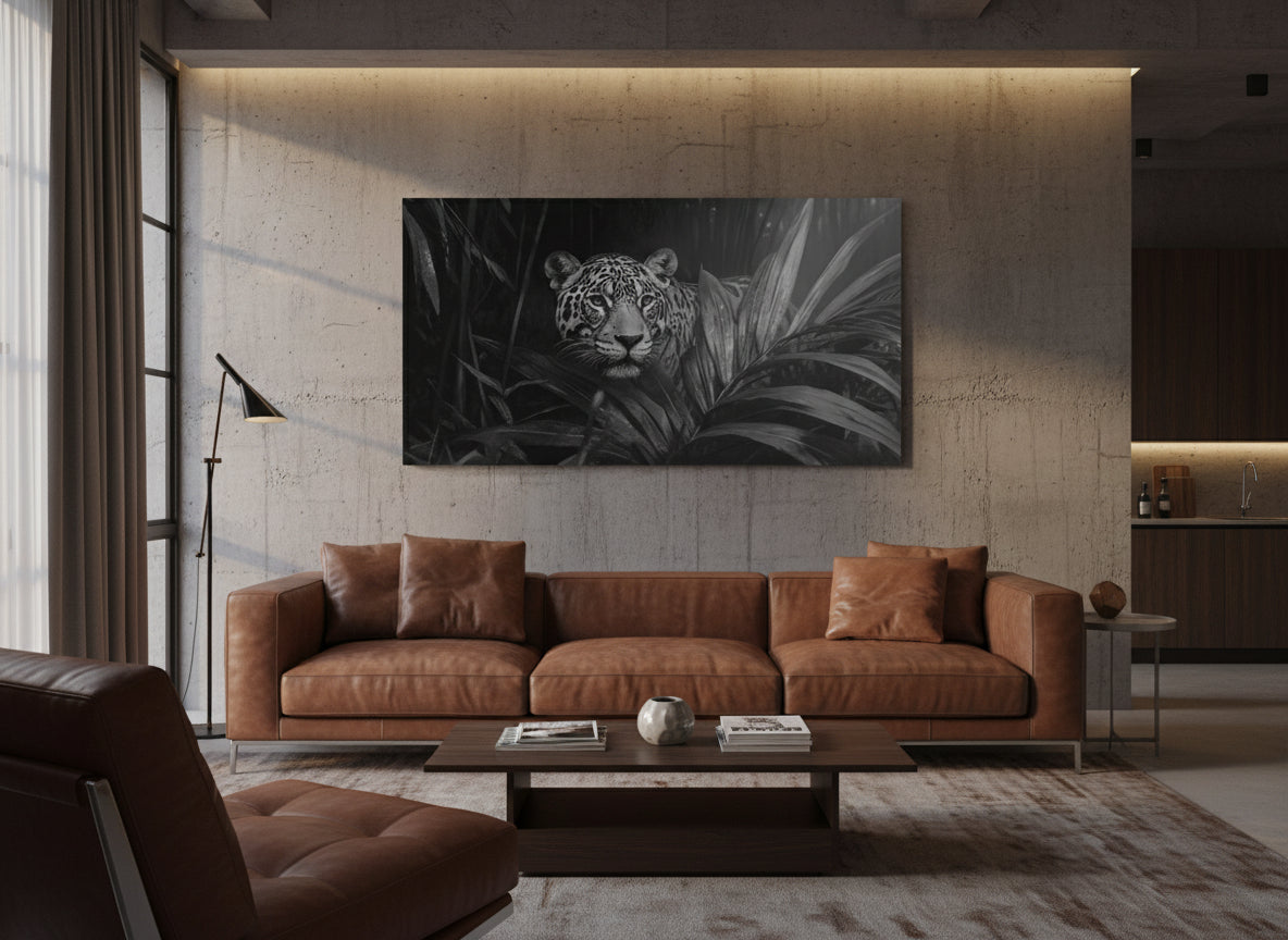 Modern living room with brown sofa and a fine art print of a jaguar