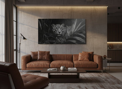 Modern living room with brown sofa and a fine art print of a jaguar