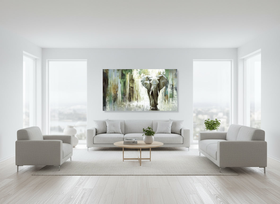 Modern Scandinavian style living room with a large elephant painting on the wall