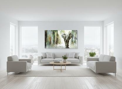 Modern Scandinavian style living room with a large elephant painting on the wall