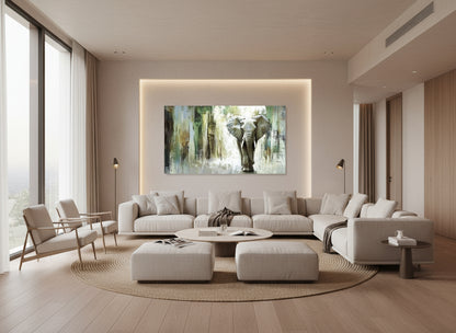 Modern living room with a large elephant painting on the wall
