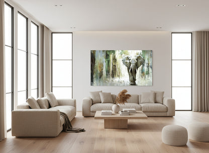Modern living room with beige sofas, a coffee table, and an abstract elephant painting on the wall.