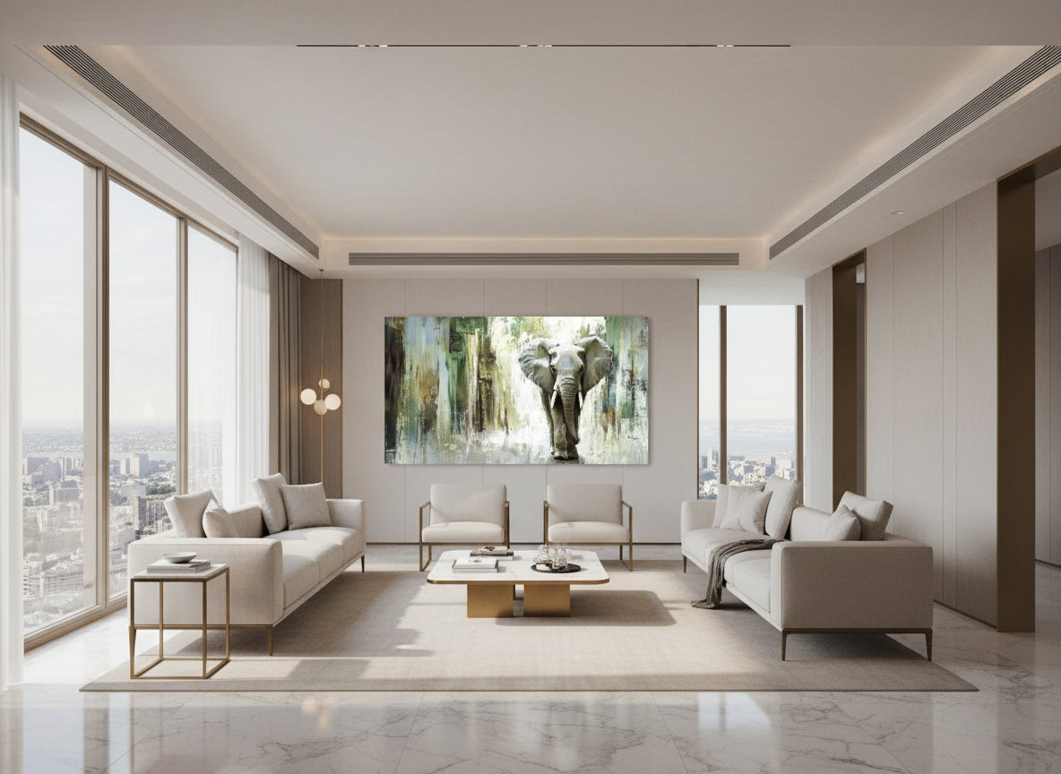 Modern living room with a large Fine art print displaying an elephant, surrounded by furniture and decor.