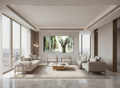 Modern living room with a large Fine art print displaying an elephant, surrounded by furniture and decor.