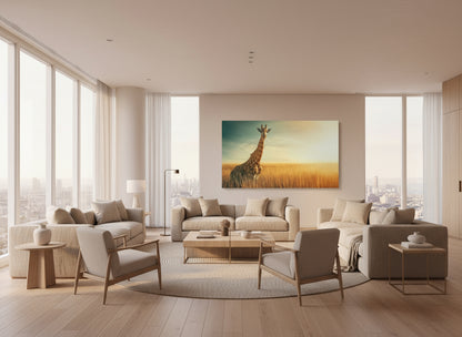 Modern living room with a giraffe painting on the wall