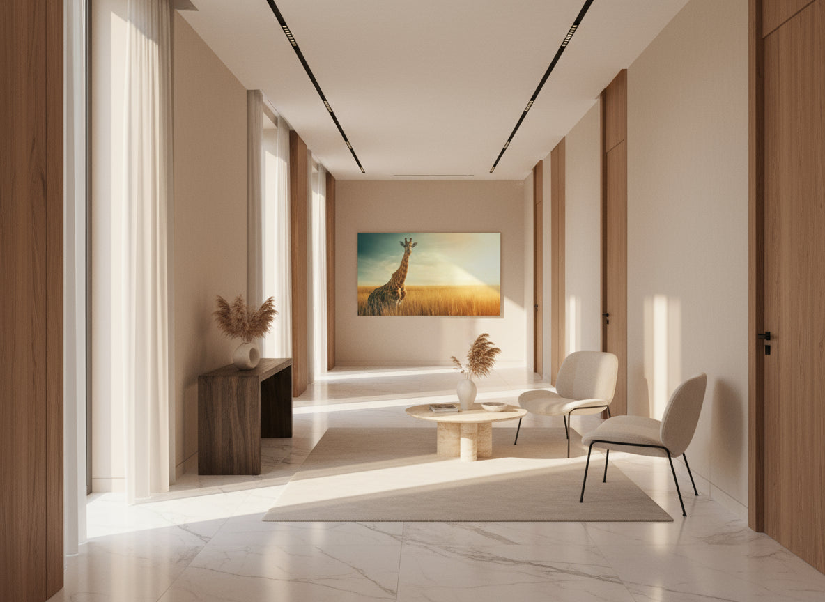 Modern interior design with a painting of a giraffe in the end of a long wide hall.