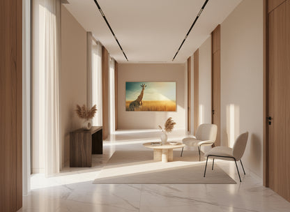 Modern interior design with a painting of a giraffe in the end of a long wide hall.