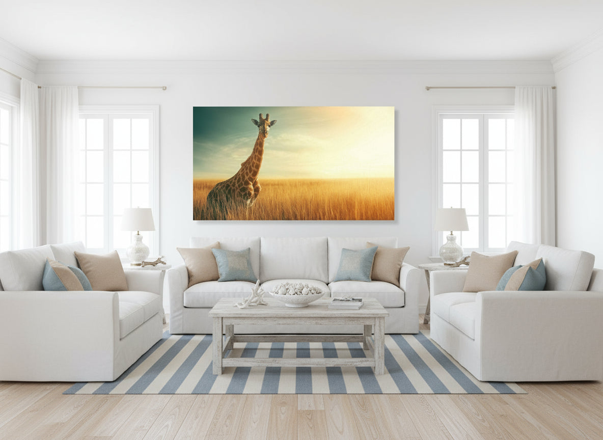 Living room with a giraffe painting on the wall