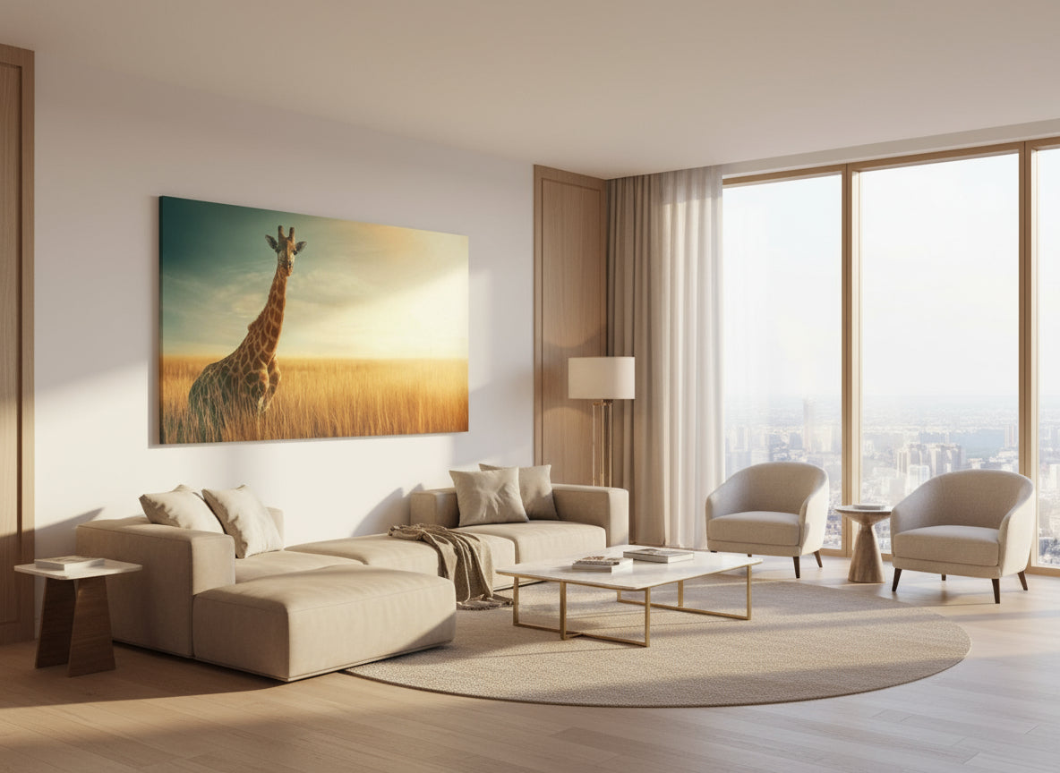 Modern living room with beige sofa, armchairs, and a giraffe painting on the wall.
