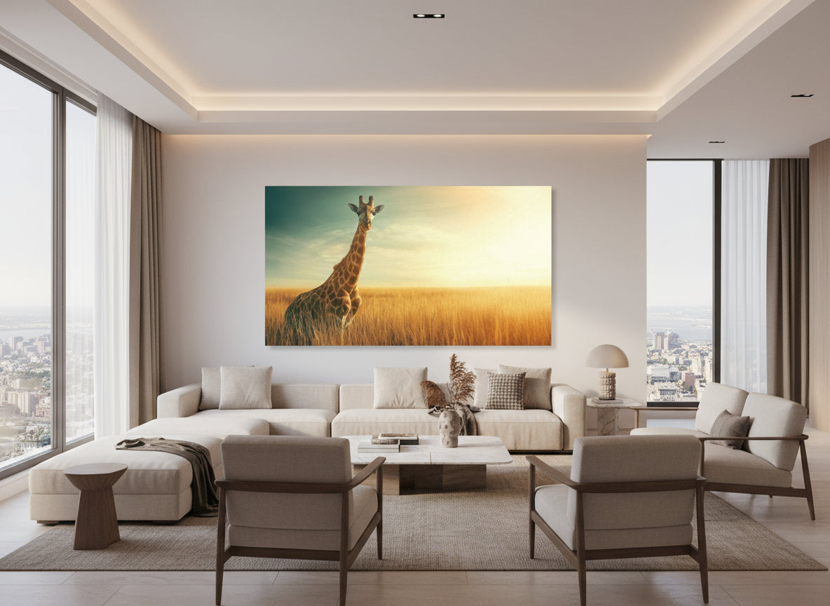 Modern living room with a giraffe painting on the wall