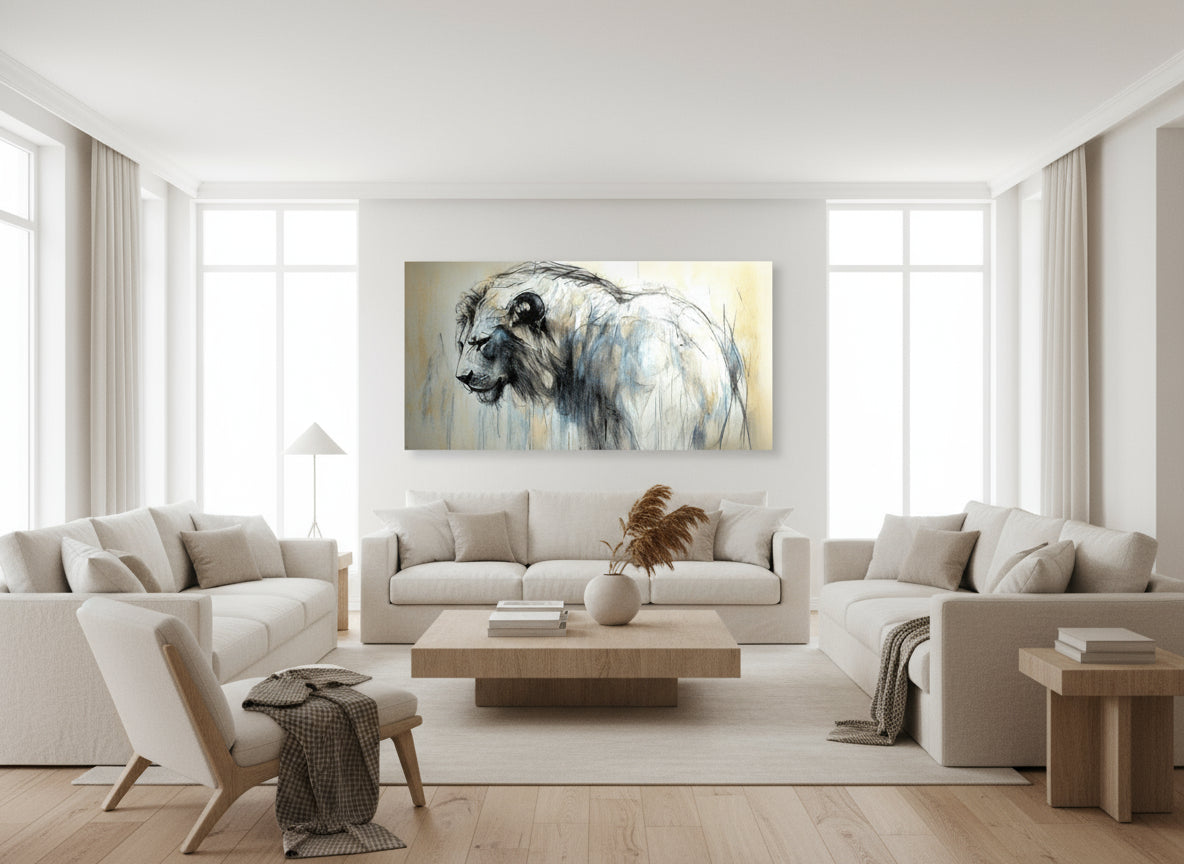 Modern living room with a large abstract lion painting on the wall.