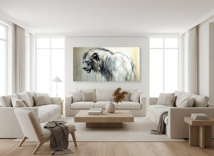 Modern living room with a large abstract lion painting on the wall.