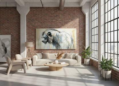 Modern living room with a large lion painting on a brick wall