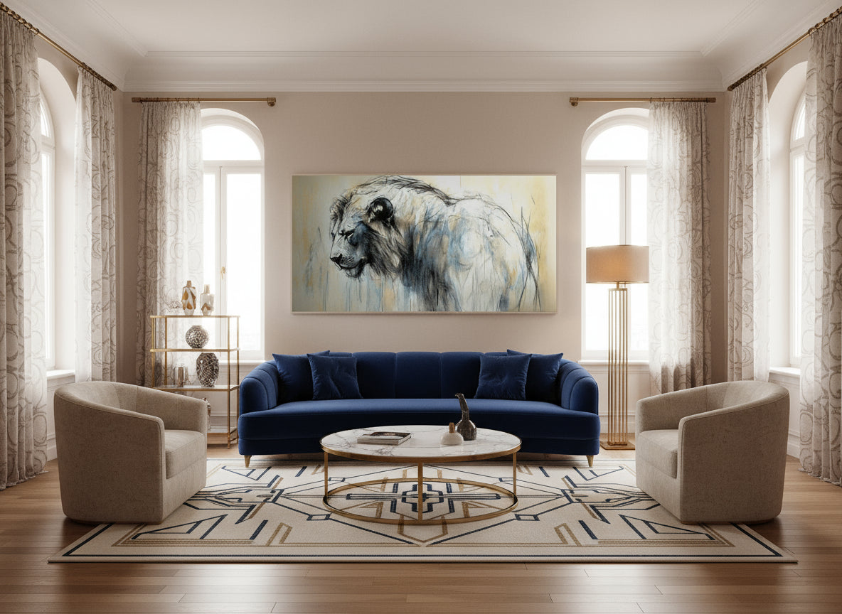 Modern living room with a blue sofa, white chairs, and a large painting of a lion on the wall.