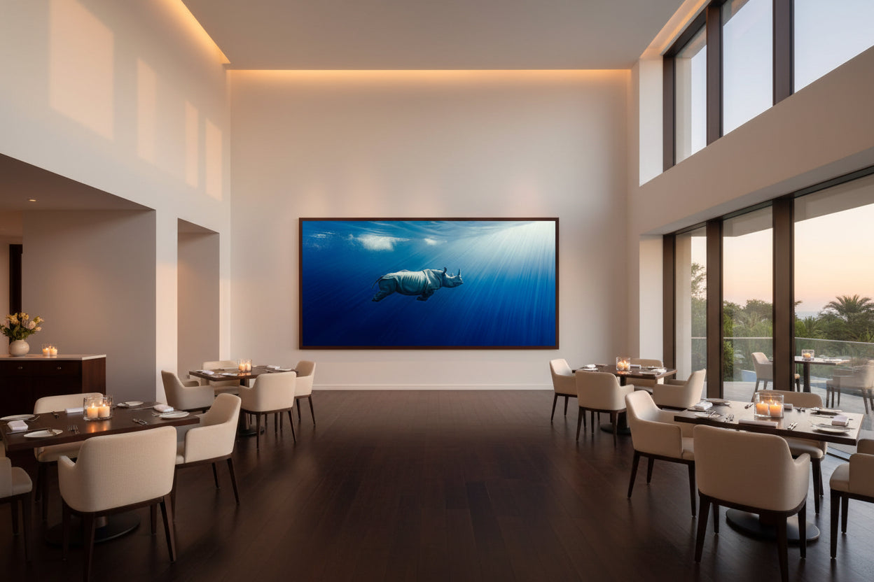 Framed underwater rhino artwork in elegant luxury restaurant