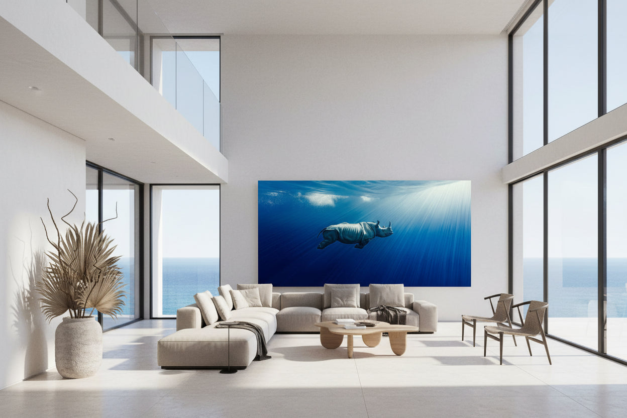 Large 300 × 150 cm underwater rhinoceros wall art in a modern double-height living room with floor-to-ceiling windows, sea view, neutral furniture