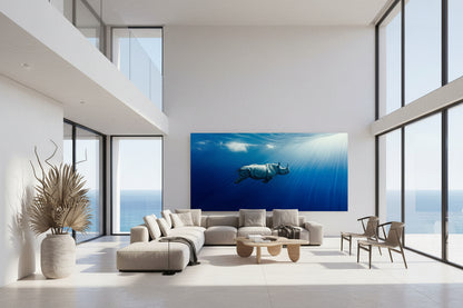 Large 300 × 150 cm underwater rhinoceros wall art in a modern double-height living room with floor-to-ceiling windows, sea view, neutral furniture
