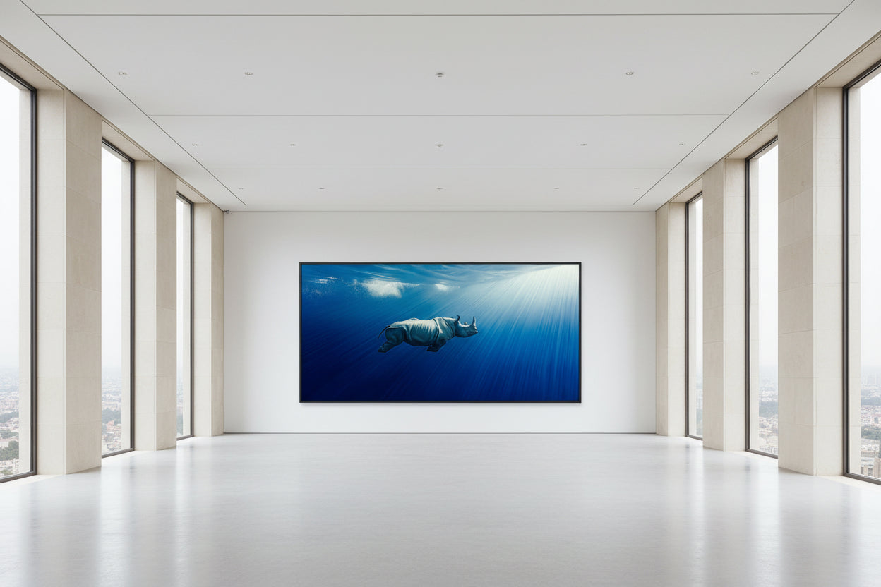 Framed underwater rhino artwork in monumental museum gallery space