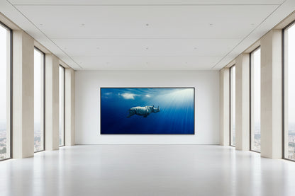 Framed underwater rhino artwork in monumental museum gallery space