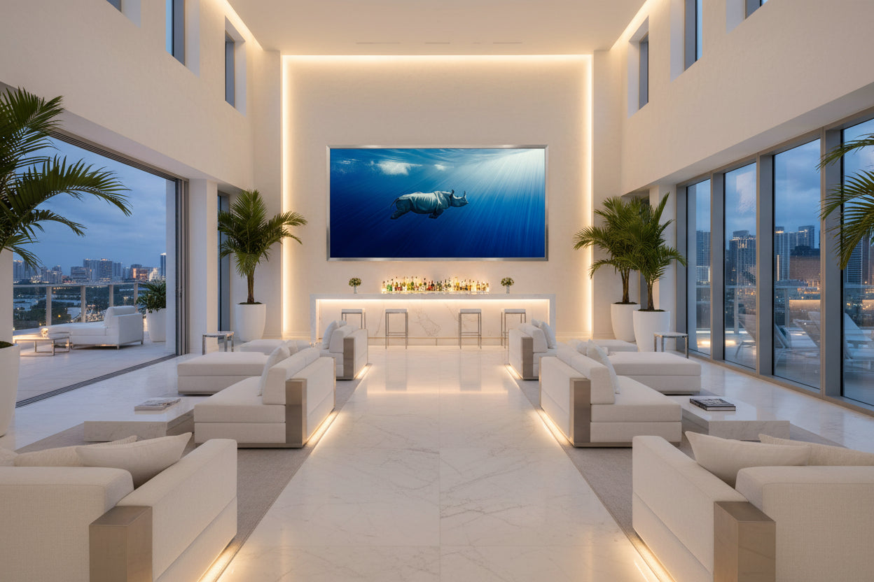 Large 300 × 150 cm underwater rhinoceros wall art in a modern cocktail lounge area with floor-to-ceiling windows, city scape view, white furniture and plants