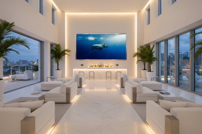 Large 300 × 150 cm underwater rhinoceros wall art in a modern cocktail lounge area with floor-to-ceiling windows, city scape view, white furniture and plants