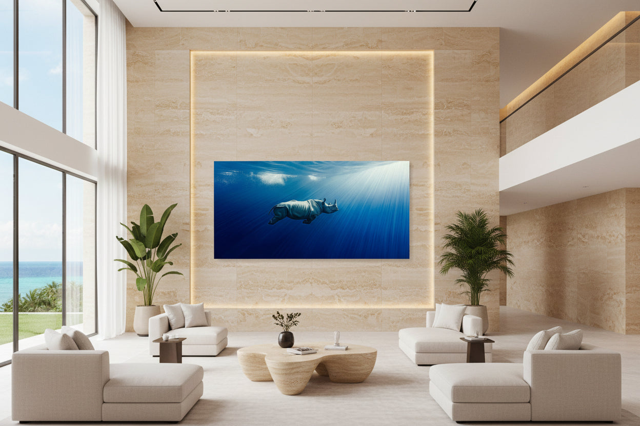 Large 300 × 150 cm underwater rhinoceros wall art in a modern double-height lounge area with floor-to-ceiling windows, sea view, neutral furniture and plants