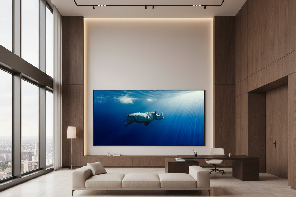 Large 300 × 150 cm underwater rhinoceros wall art in a modern double-height executive office space with floor-to-ceiling windows, sea view, neutral and dark wood furniture and plants