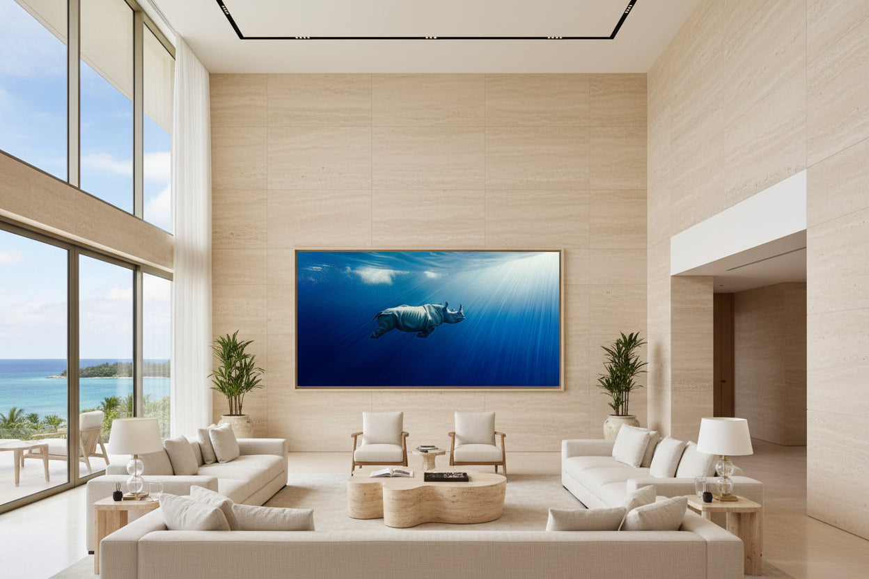 Large 300 × 150 cm underwater rhinoceros wall art in a modern double-height lounge area with floor-to-ceiling windows, sea view, neutral furniture and plants