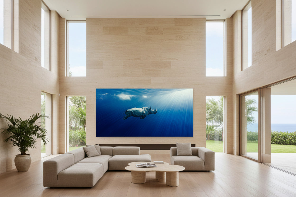 Large 300 × 150 cm underwater rhinoceros wall art in a modern double-height living room with floor-to-ceiling windows, sea view, neutral furniture and plants