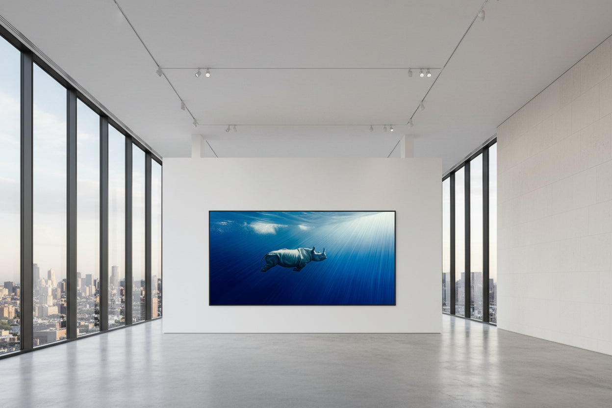 Framed underwater rhino artwork in monumental museum gallery space