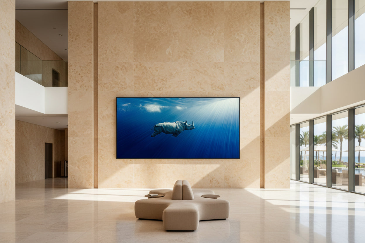 Large 300 × 150 cm underwater rhinoceros wall art in a modern double-height lounge area with floor-to-ceiling windows, sea view, neutral furniture and plants