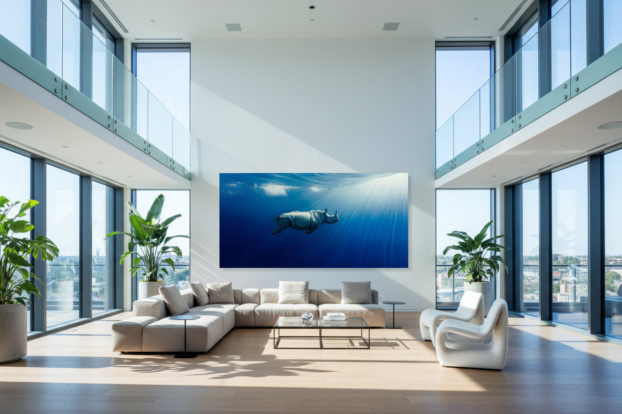 Large 300 × 150 cm underwater rhinoceros wall art in a modern double-height penthouse living room with floor-to-ceiling windows, neutral furniture and plants