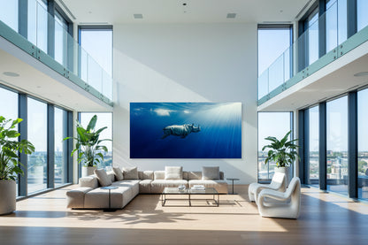 Large 300 × 150 cm underwater rhinoceros wall art in a modern double-height penthouse living room with floor-to-ceiling windows, neutral furniture and plants