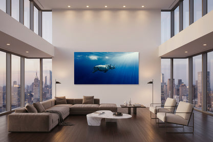 Large 300 × 150 cm underwater rhinoceros wall art in a modern double-height penthouse living room with floor-to-ceiling windows, neutral furniture and evening daylight