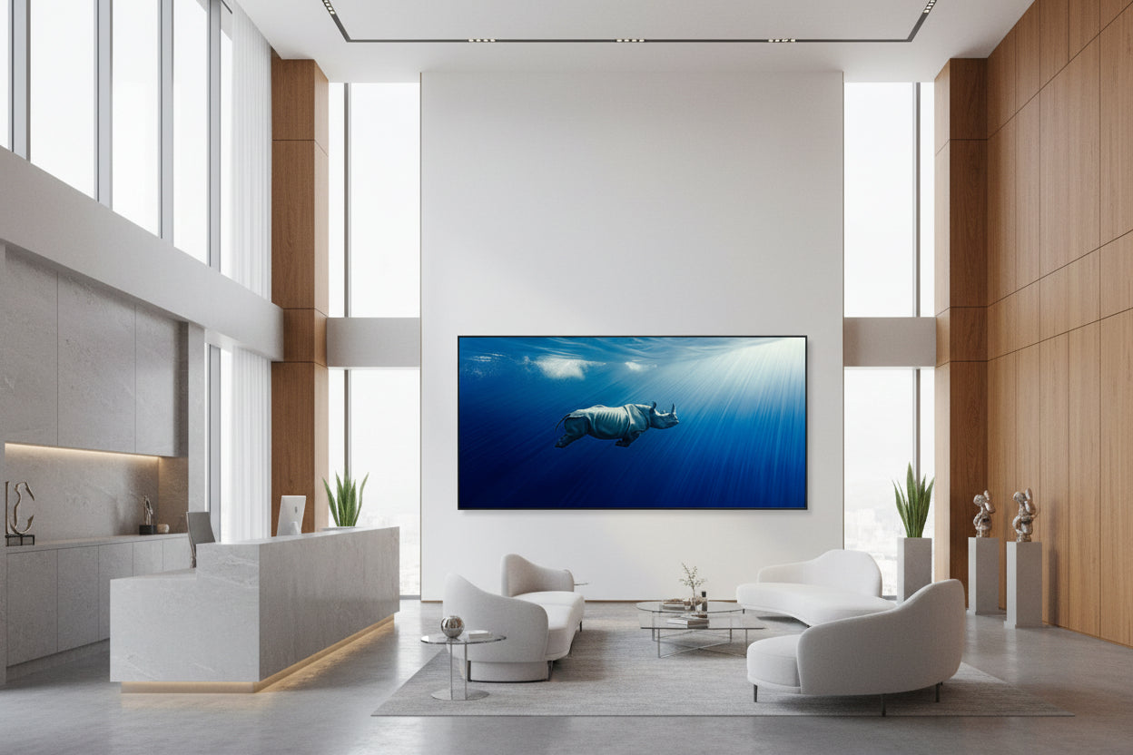 Large 300 × 150 cm underwater rhinoceros wall art in a modern double-height reception area with large windows, wooden panels, neutral furniture and plants