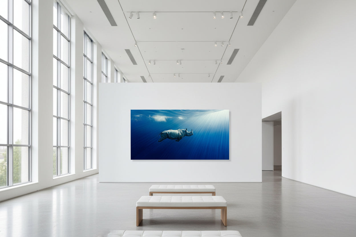 Oversized blue underwater rhinoceros wall art, 300 × 150 cm limited edition fine art print for modern luxury interiors and architectural spaces, shown in art gallery setting