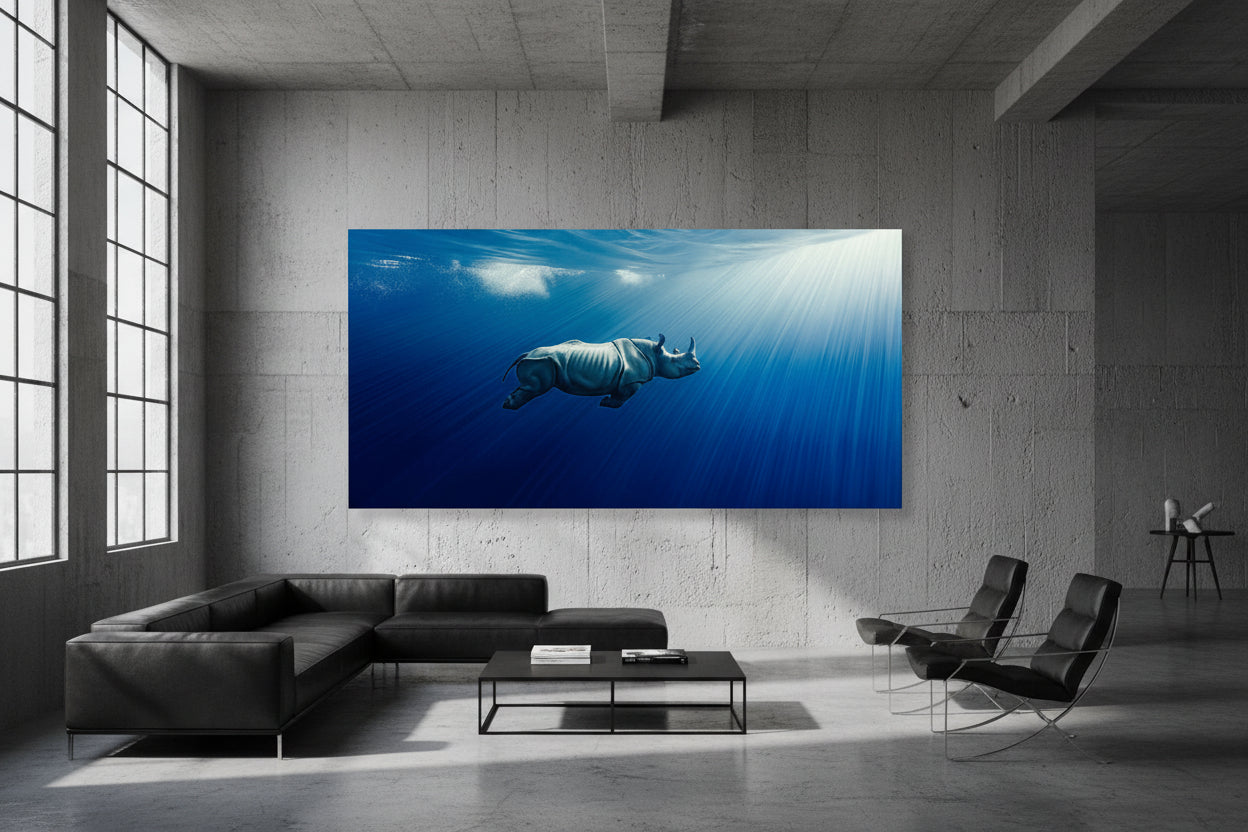 Large 300 × 150 cm underwater rhinoceros wall art in a modern industrial style living room with large windows, black leather furniture and concrete walls