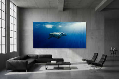 Large 300 × 150 cm underwater rhinoceros wall art in a modern industrial style living room with large windows, black leather furniture and concrete walls