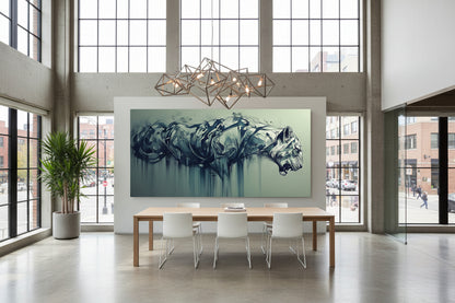 Oversized horizontal tiger artwork mounted on wide plaster wall in modern creative office with industrial windows.