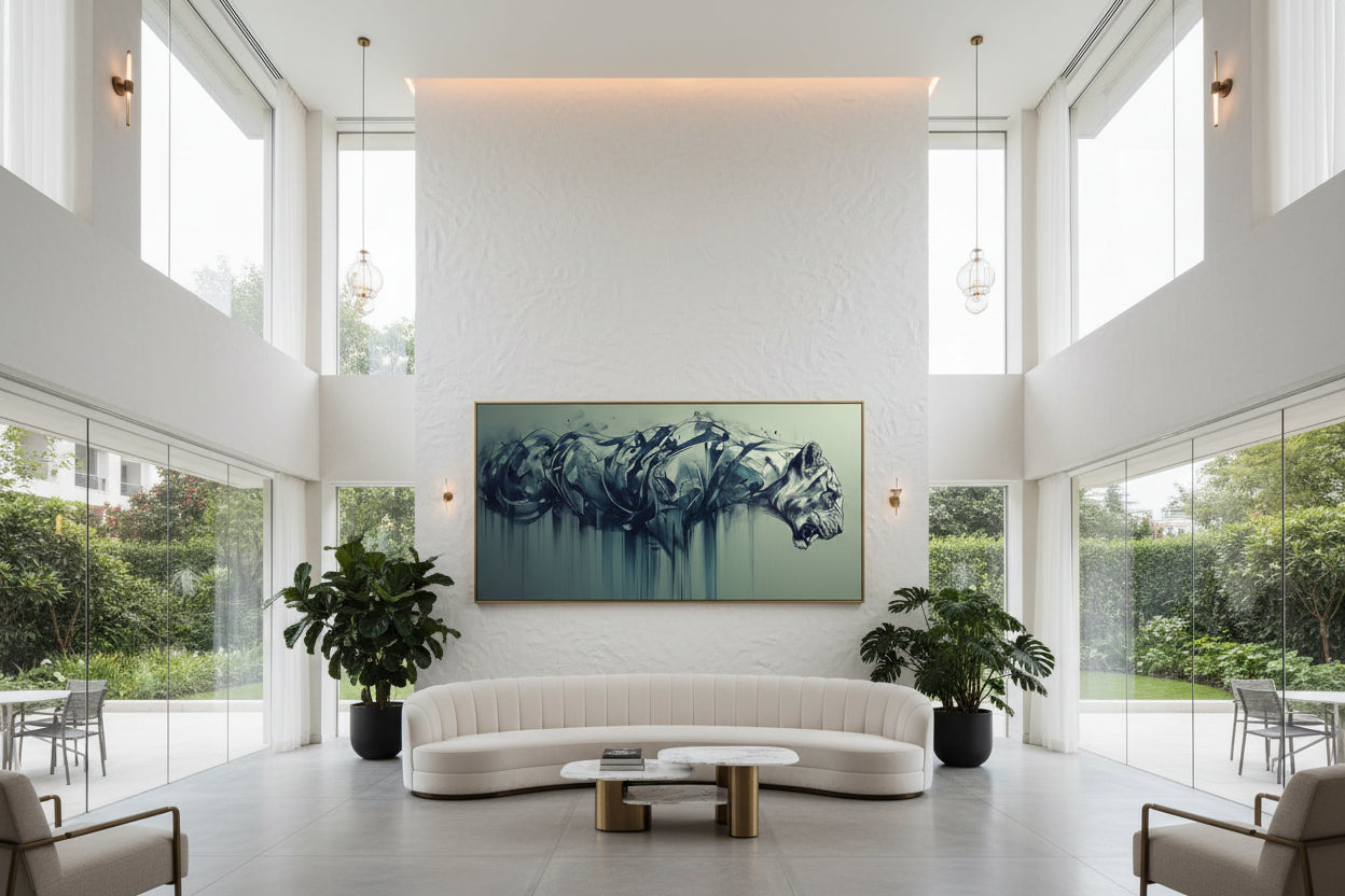 Large tiger wall art with slim brass frame displayed above curved sofa in luxury resort hotel lounge with tall windows.