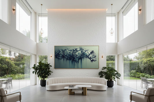 Large tiger wall art with slim brass frame displayed above curved sofa in luxury resort hotel lounge with tall windows.