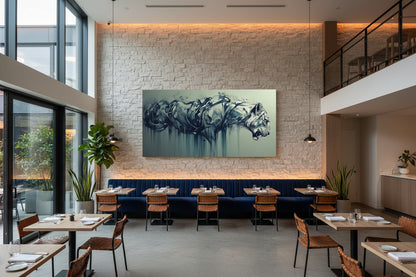 Large horizontal tiger artwork installed above banquette seating along textured dining wall in contemporary restaurant.