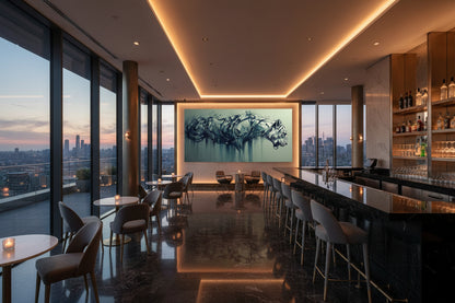 Large tiger artwork displayed on feature wall, city skyline views, marble bar counter, luxury hotel bar interior.