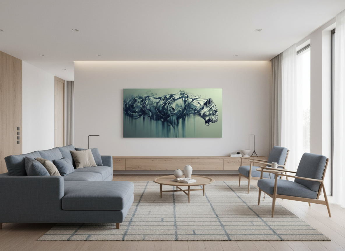 Modern living room with neutral decor, including a sofa, chairs, and a fine art abstract tiger painting on the wall.