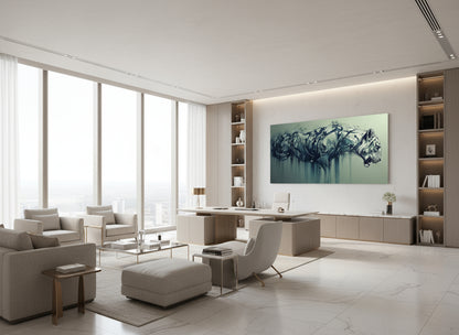 Modern office interior with a large window, desk, and decorative abstract tiger wall art.